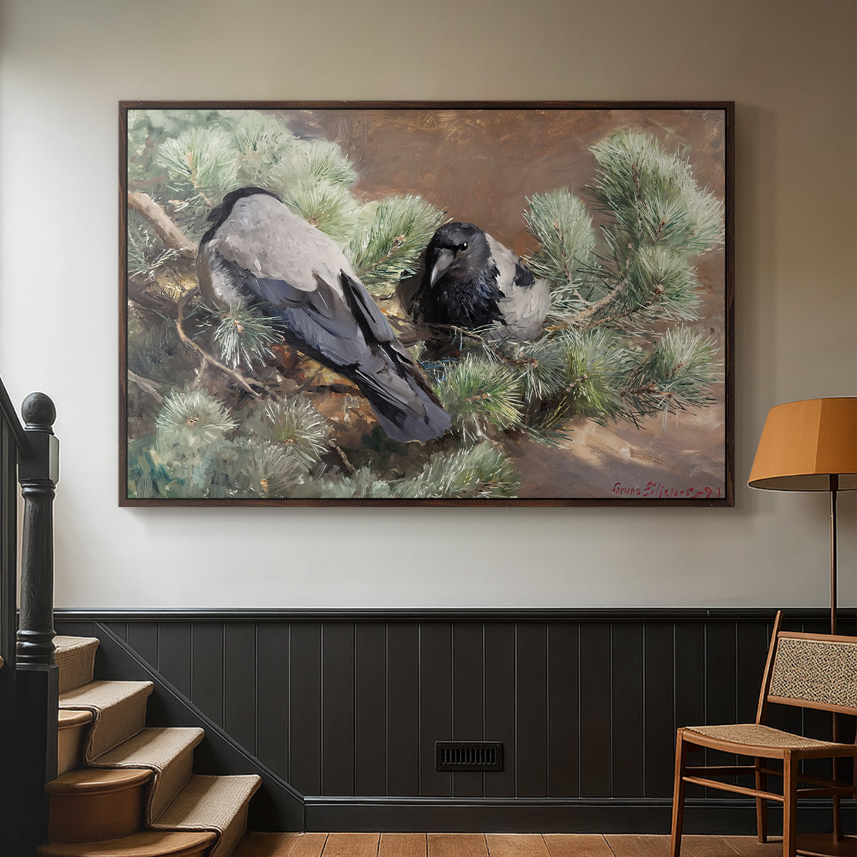 Walnut floater framed canvas featuring a wildlife painting of dark birds against muted landscape, displayed in a hallway near a staircase.