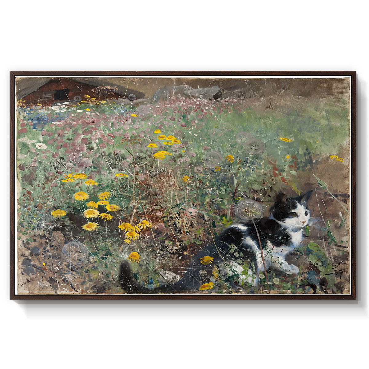 Cat on a Flowery Meadow, 1887 by Bruno Liljefors in a walnut floater framed canvas wall art display.