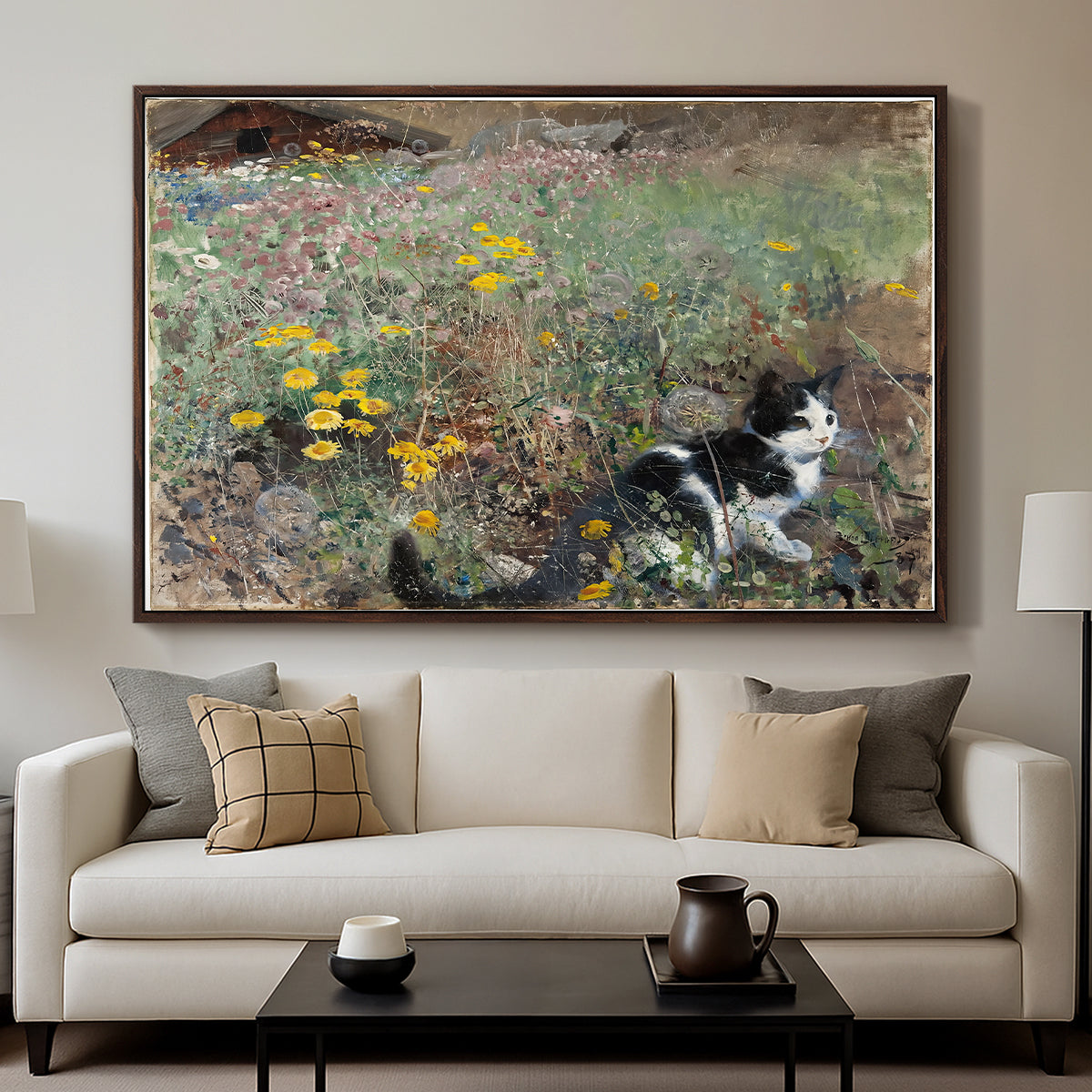 Cat on a Flowery Meadow, 1887 by Bruno Liljefors displayed in a walnut floater framed canvas above a sofa in a clean living room.
