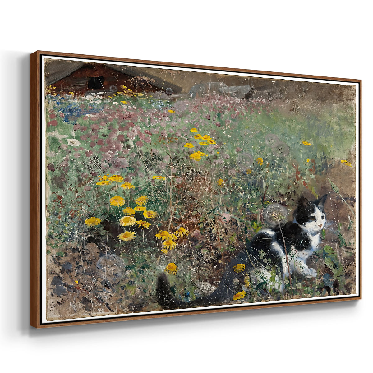 Angled view of Cat on a Flowery Meadow, 1887 by Bruno Liljefors in a walnut floater framed canvas.