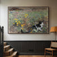 Walnut floater framed canvas featuring a naturalistic depiction of cat in blooming countryside setting, displayed in a hallway near a staircase.