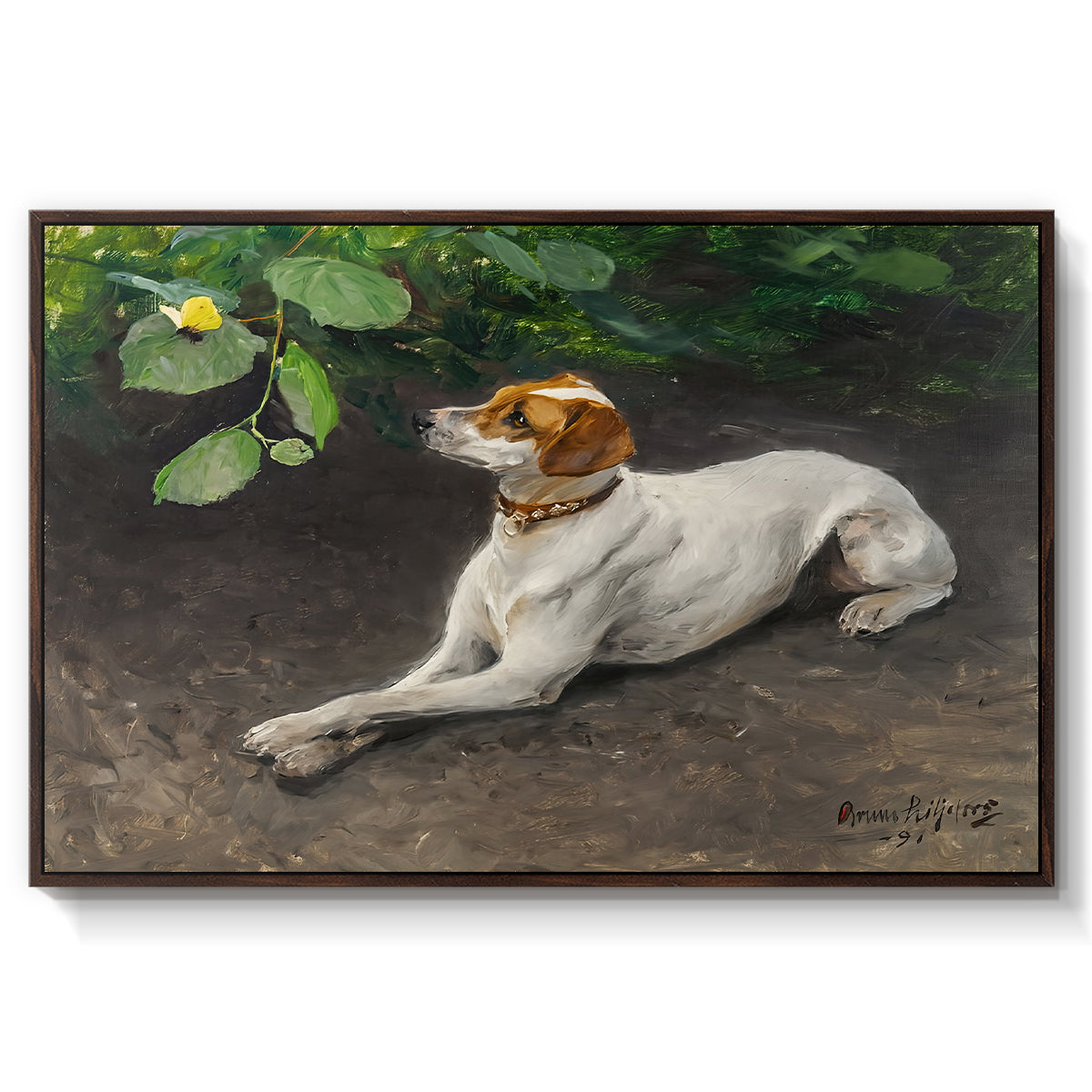 Portrait of a Dog, 1891 by Bruno Liljefors in a walnut floater framed canvas wall art display.