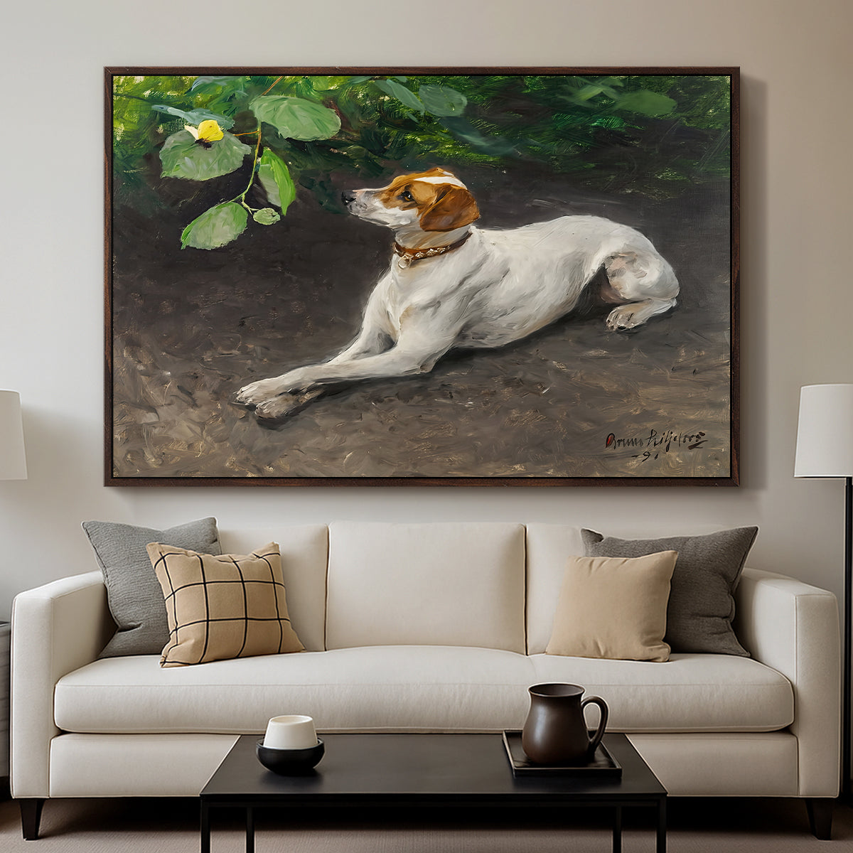Portrait of a Dog, 1891 by Bruno Liljefors displayed in a walnut floater framed canvas above a sofa in a clean living room.