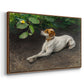 Angled view of Portrait of a Dog, 1891 by Bruno Liljefors in a walnut floater framed canvas.