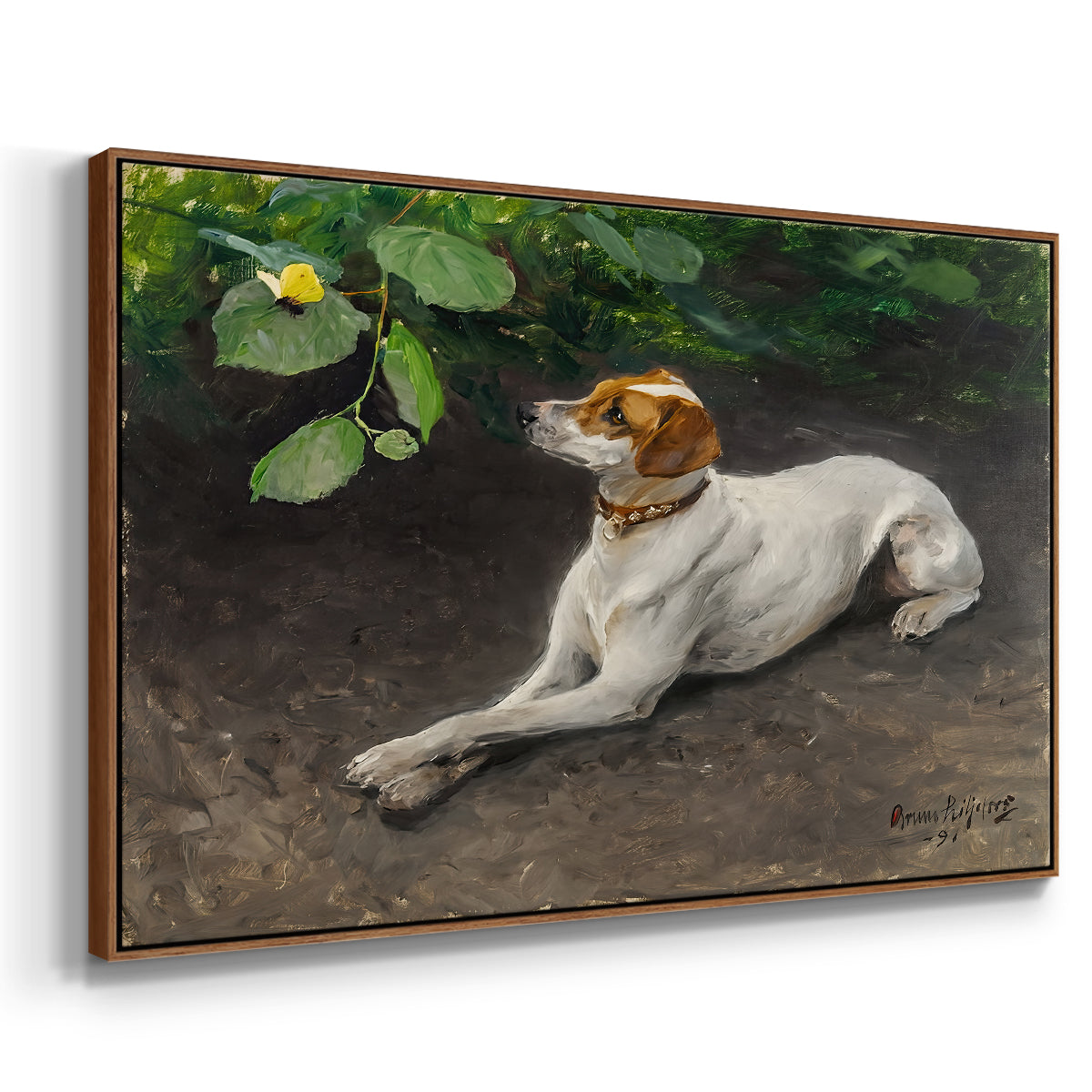 Angled view of Portrait of a Dog, 1891 by Bruno Liljefors in a walnut floater framed canvas.