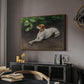 Portrait of a Dog, 1891 by Bruno Liljefors in a walnut floater framed canvas featuring an animal painting of dog stretched out on earthy terrain, displayed above a desk in a dark home office interior.