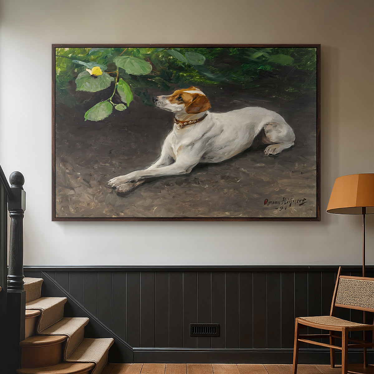 Walnut floater framed canvas featuring a calm scene of dog reclining in open landscape, displayed in a hallway near a staircase.