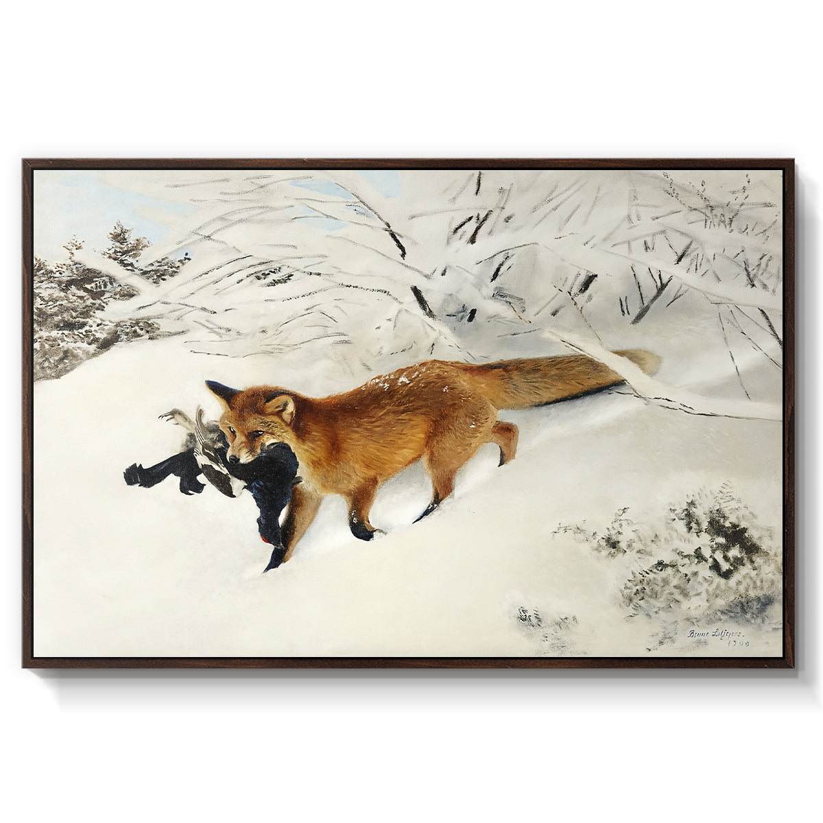 Fox in Snow Landscape, 1900 by Bruno Liljefors in a walnut floater framed canvas wall art display.