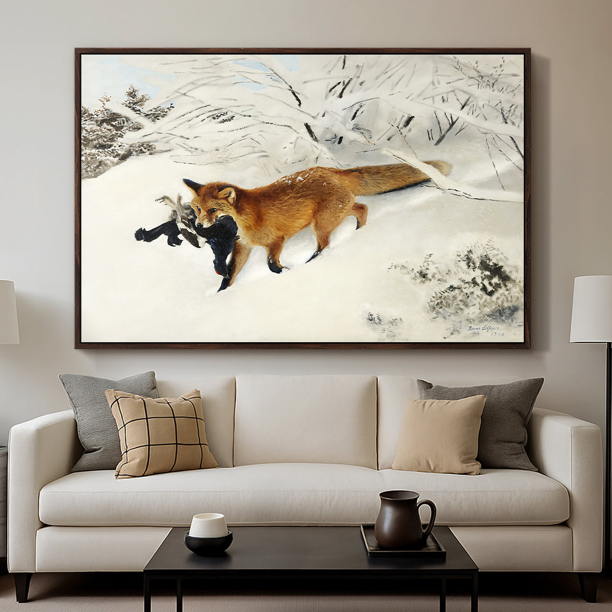 Fox in Snow Landscape, 1900 by Bruno Liljefors displayed in a walnut floater framed canvas above a sofa in a clean living room.