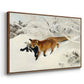 Angled view of Fox in Snow Landscape, 1900 by Bruno Liljefors in a walnut floater framed canvas.