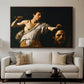 David with the Head of Goliath (Vienna Version), c. 1607 by Caravaggio displayed in a walnut floater framed canvas above a sofa in a clean living room.
