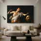David with the Head of Goliath (Vienna Version), c. 1607 by Caravaggio as a walnut floater framed canvas featuring a young David holding the severed head of Goliath against a dark background, displayed above a sofa in a modern living room.
