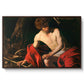 Saint John the Baptist in the Wilderness, c. 1603-1604 by Caravaggio in a walnut floater framed canvas wall art display.