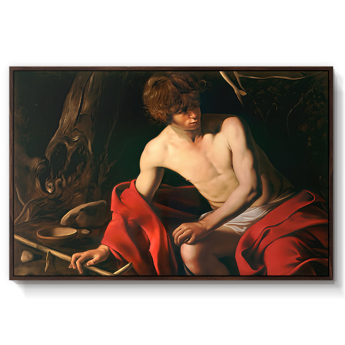 Saint John the Baptist in the Wilderness, c. 1603-1604 by Caravaggio in a walnut floater framed canvas wall art display.