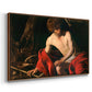Angled view of Saint John the Baptist in the Wilderness, c. 1603-1604 by Caravaggio in a walnut floater framed canvas.