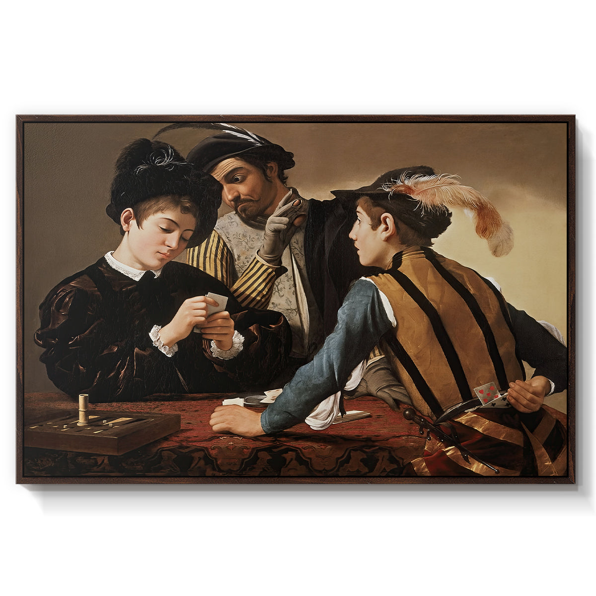 The Cardsharps, c. 1594 by Caravaggio in a walnut floater framed canvas wall art display.