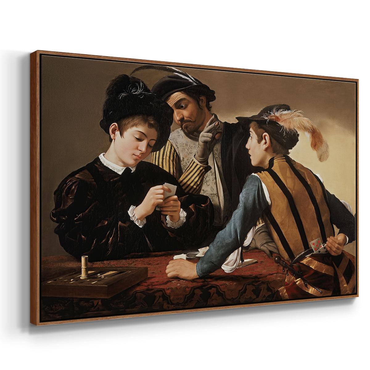 Angled view of The Cardsharps, c. 1594 by Caravaggio in a walnut floater framed canvas.
