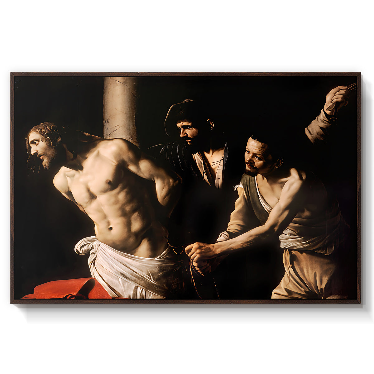 The Flagellation of Christ at the Column (Rouen Version), 1606 by Caravaggio in a walnut floater framed canvas wall art display.