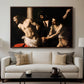 The Flagellation of Christ at the Column (Rouen Version), 1606 by Caravaggio displayed in a walnut floater framed canvas above a sofa in a clean living room.