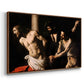 Angled view of The Flagellation of Christ at the Column (Rouen Version), 1606 by Caravaggio in a walnut floater framed canvas.