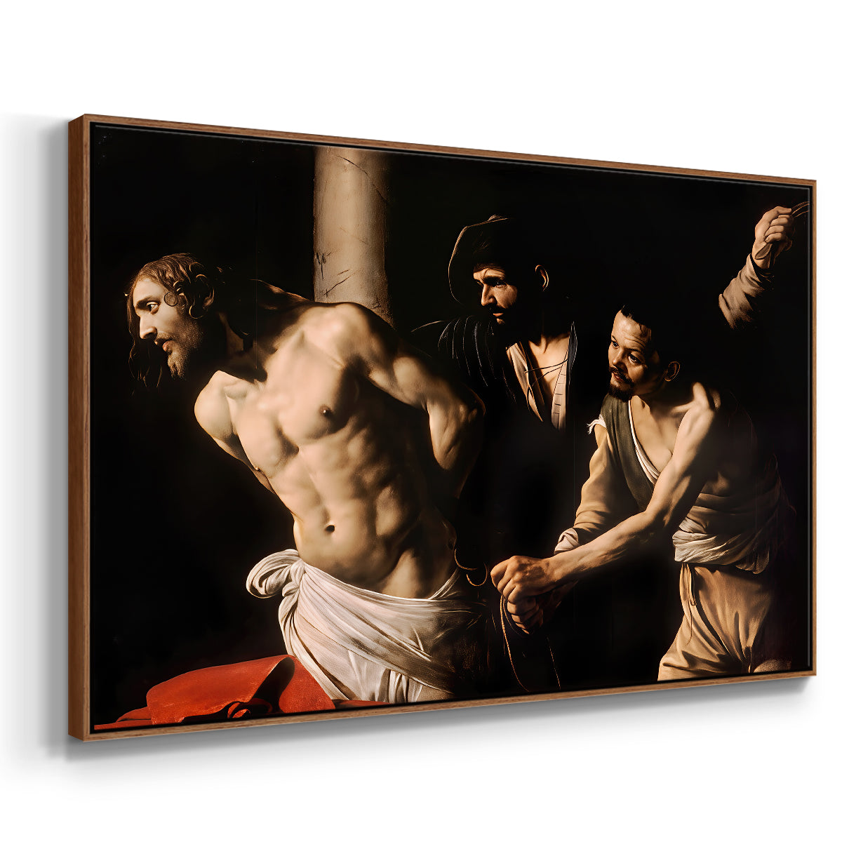 Angled view of The Flagellation of Christ at the Column (Rouen Version), 1606 by Caravaggio in a walnut floater framed canvas.