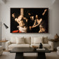 The Flagellation of Christ at the Column (Rouen Version), 1606 by Caravaggio as a walnut floater framed canvas featuring Christ bound to column while being whipped by surrounding figures, displayed above a sofa in a modern living room.