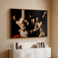 Walnut floater framed canvas of The Flagellation of Christ at the Column (Rouen Version), 1606 by Caravaggio, featuring a dramatic religious scene of Christ enduring flagellation in dark interior above a console cabinet in a minimalist entryway.