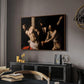 The Flagellation of Christ at the Column (Rouen Version), 1606 by Caravaggio in a walnut floater framed canvas featuring a biblical depiction of men whipping Christ tied to pillar, displayed above a desk in a dark home office interior.