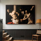 Walnut floater framed canvas featuring an intense Baroque scene of suffering with strong light and shadow, displayed in a hallway near a staircase.