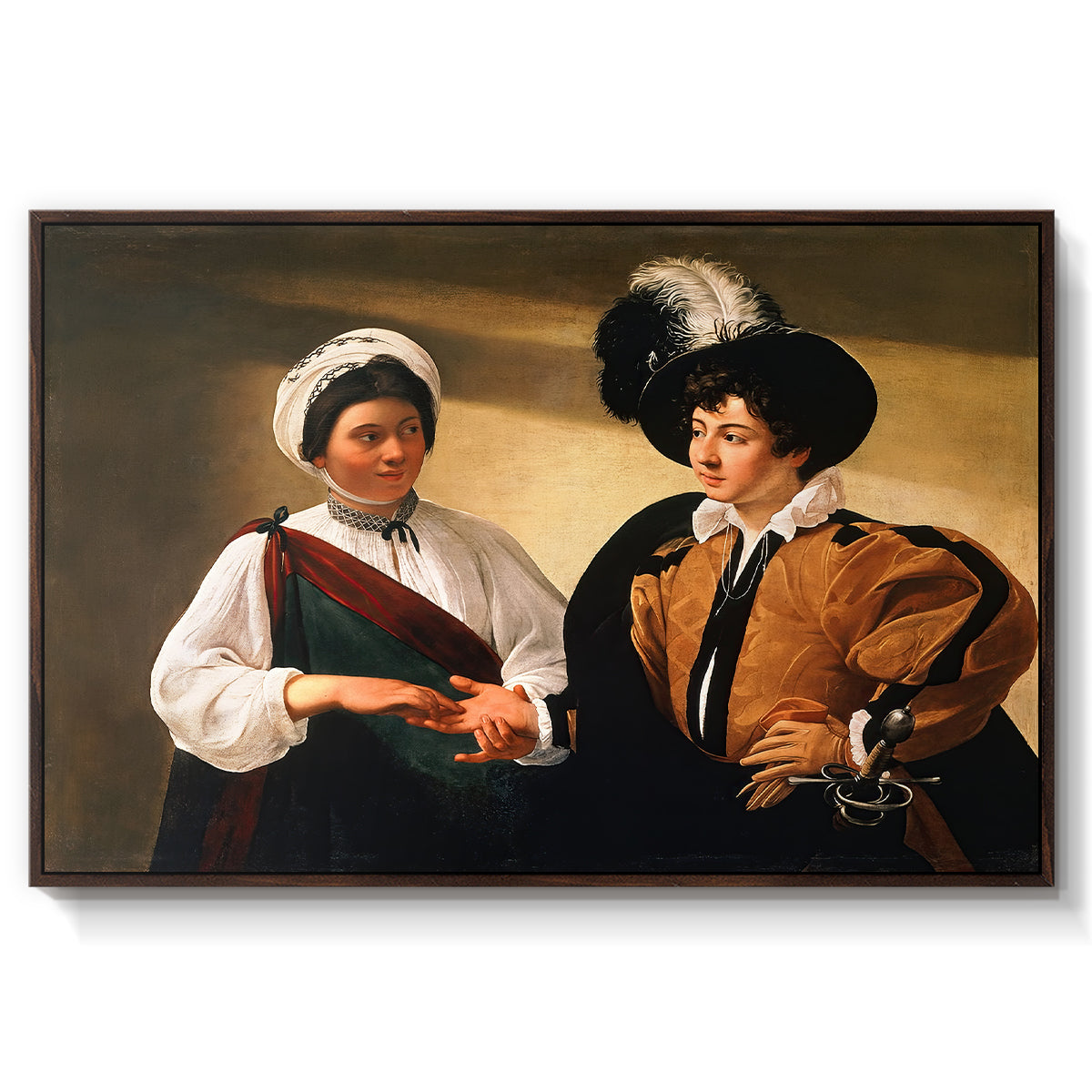 The Fortune Teller (Louvre Version), c. 1595 by Caravaggio in a walnut floater framed canvas wall art display.