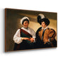 Angled view of The Fortune Teller (Louvre Version), c. 1595 by Caravaggio in a walnut floater framed canvas.