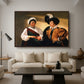 The Fortune Teller (Louvre Version), c. 1595 by Caravaggio as a walnut floater framed canvas featuring a woman reading a young man's palm while secretly stealing his ring, displayed above a sofa in a modern living room.
