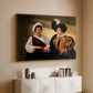 Walnut floater framed canvas of The Fortune Teller (Louvre Version), c. 1595 by Caravaggio, featuring a fortune teller examining hand of man as she slyly removes his ring above a console cabinet in a minimalist entryway.