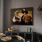 The Fortune Teller (Louvre Version), c. 1595 by Caravaggio in a walnut floater framed canvas featuring an intimate scene of palm reading with subtle act of theft, displayed above a desk in a dark home office interior.