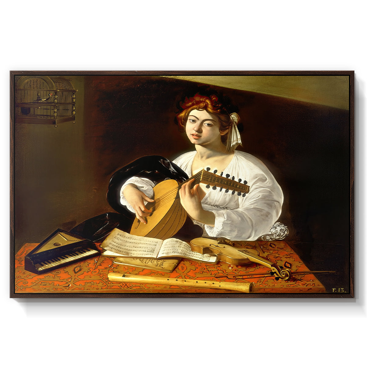 The Lute Player (Wildenstein Version), c. 1596 by Caravaggio in a walnut floater framed canvas wall art display.