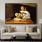 The Lute Player (Wildenstein Version), c. 1596 by Caravaggio displayed in a walnut floater framed canvas above a sofa in a clean living room.