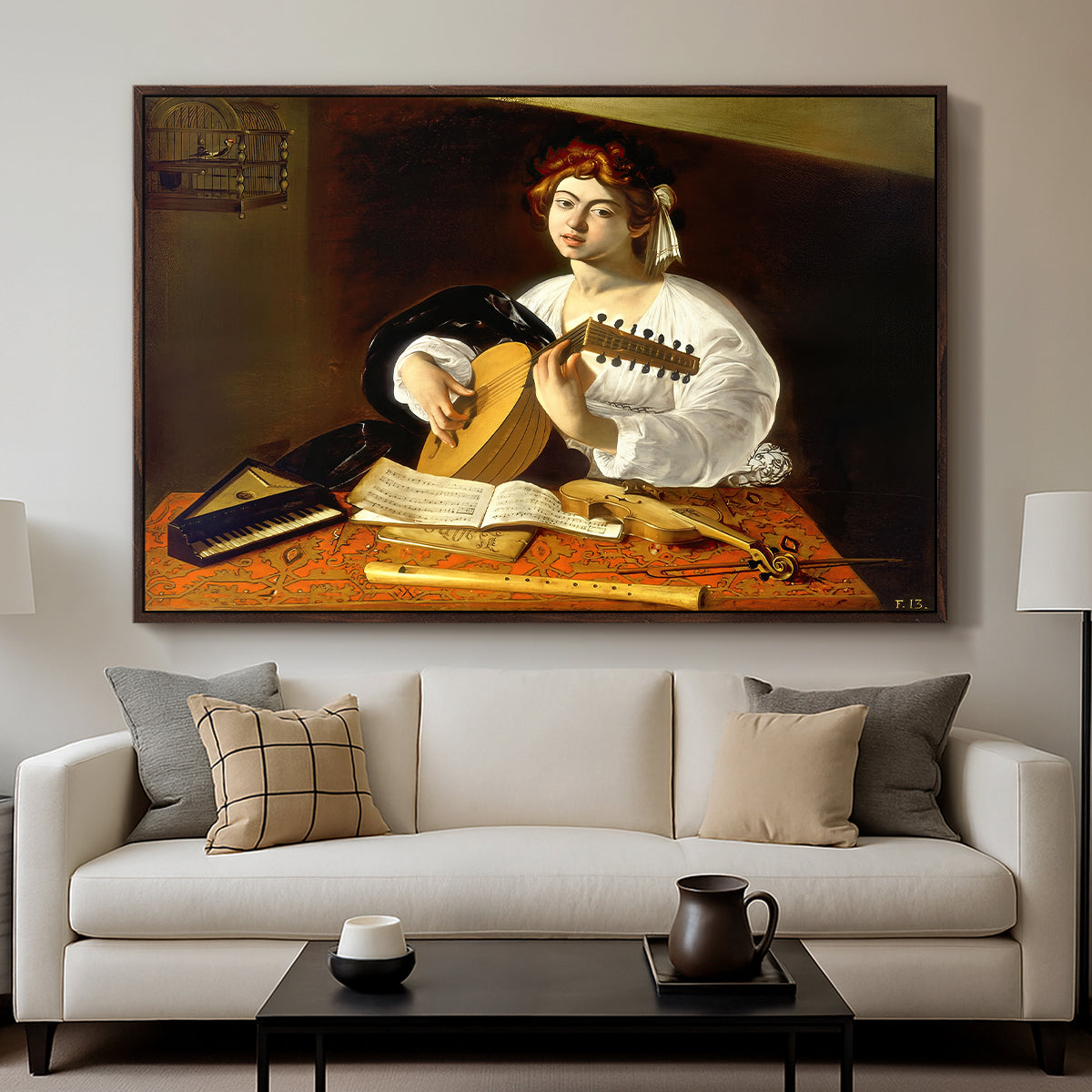 The Lute Player (Wildenstein Version), c. 1596 by Caravaggio displayed in a walnut floater framed canvas above a sofa in a clean living room.