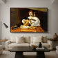 The Lute Player (Wildenstein Version), c. 1596 by Caravaggio as a walnut floater framed canvas featuring a young man playing lute surrounded by sheet music and still life objects, displayed above a sofa in a modern living room.