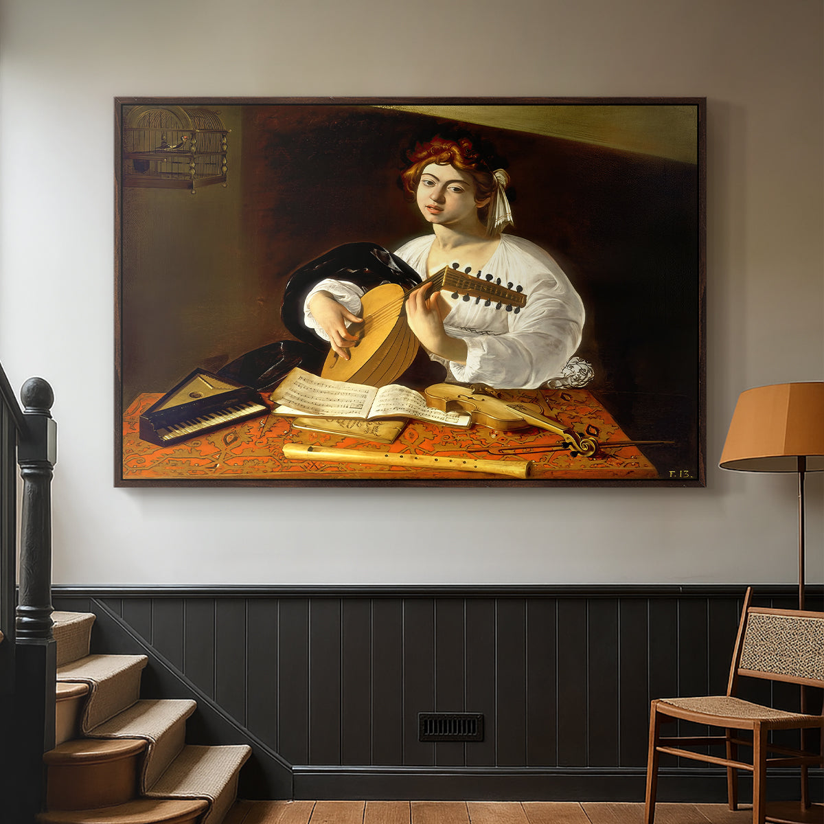 Walnut floater framed canvas featuring an intimate portrait of musician with still life elements, displayed in a hallway near a staircase.