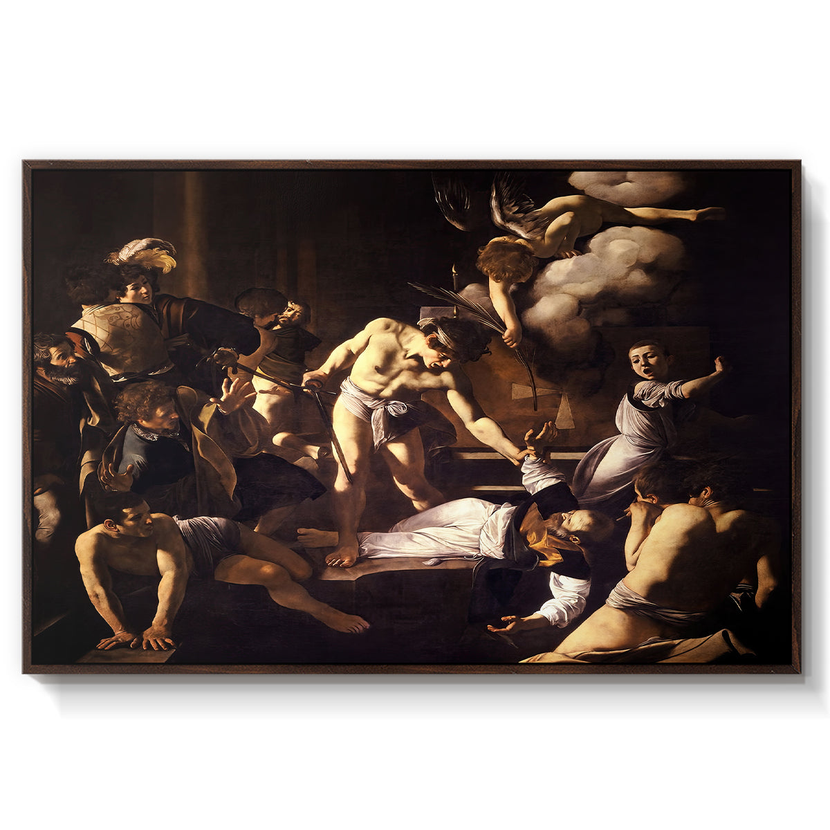 The Martyrdom of Saint Matthew, 1599-1600 by Caravaggio in a walnut floater framed canvas wall art display.