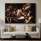 The Martyrdom of Saint Matthew, 1599-1600 by Caravaggio displayed in a walnut floater framed canvas above a sofa in a clean living room.