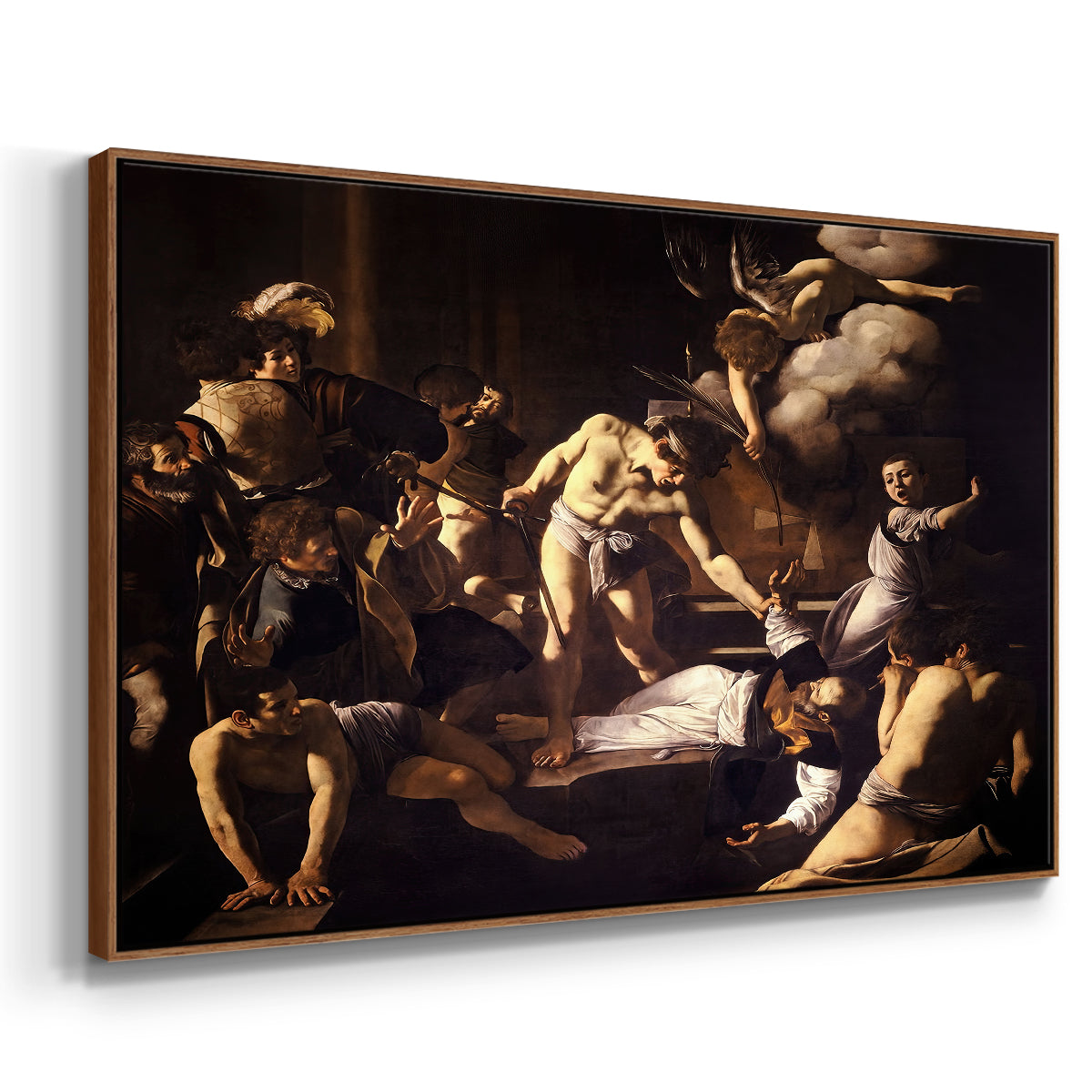 Angled view of The Martyrdom of Saint Matthew, 1599-1600 by Caravaggio in a walnut floater framed canvas.