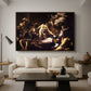 The Martyrdom of Saint Matthew, 1599-1600 by Caravaggio as a walnut floater framed canvas featuring a chaotic scene of Saint Matthew being attacked by executioner in church, displayed above a sofa in a modern living room.