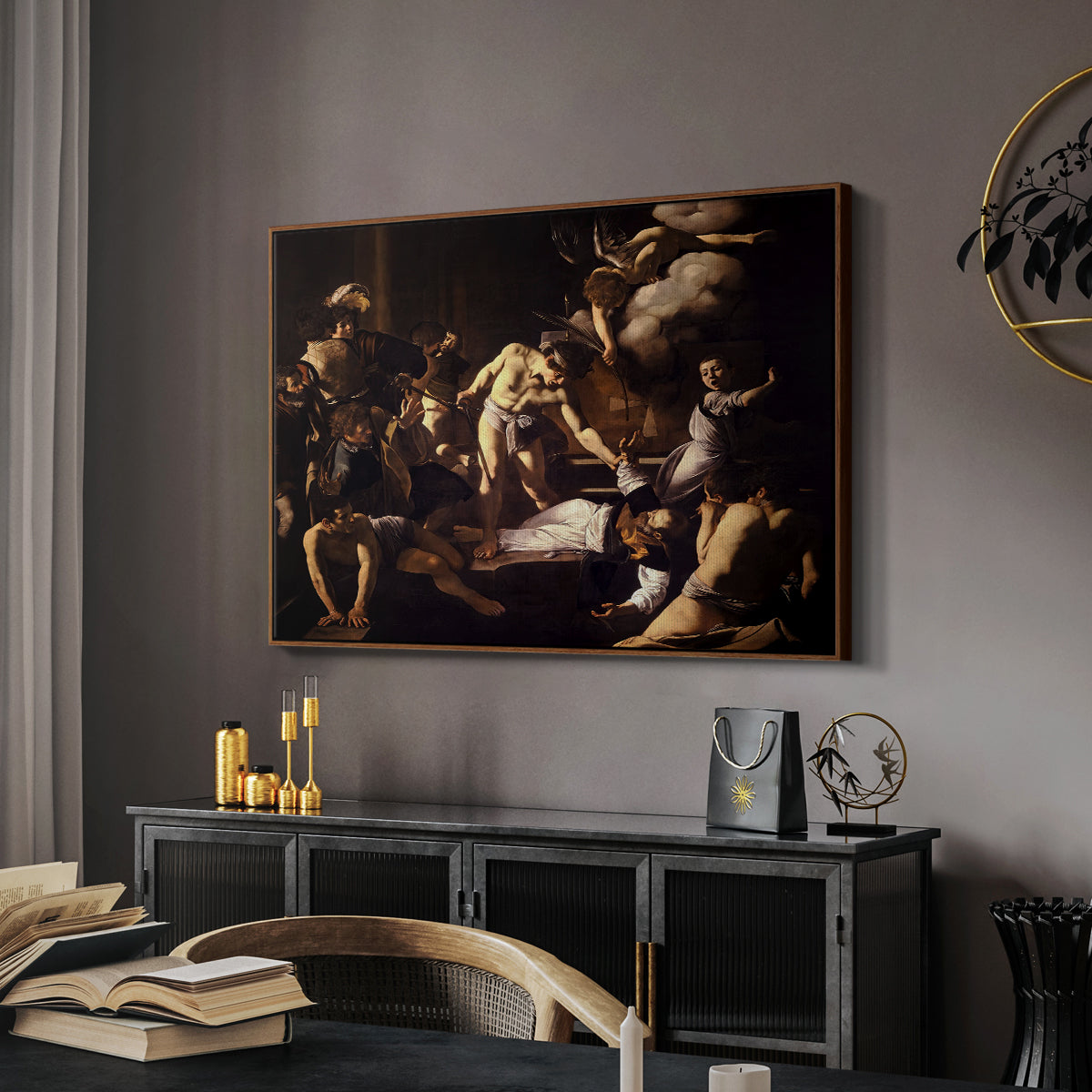 The Martyrdom of Saint Matthew, 1599-1600 by Caravaggio in a walnut floater framed canvas featuring a religious narrative showing violent attack on saint in crowded setting, displayed above a desk in a dark home office interior.