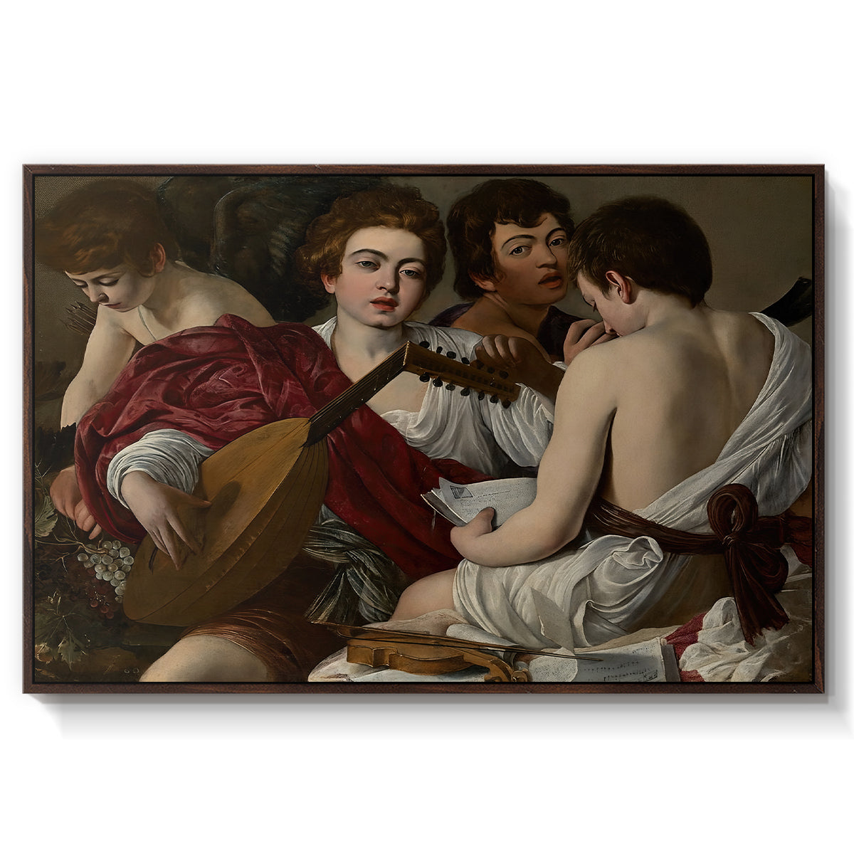 The Musicians, c. 1595 by Caravaggio in a walnut floater framed canvas wall art display.