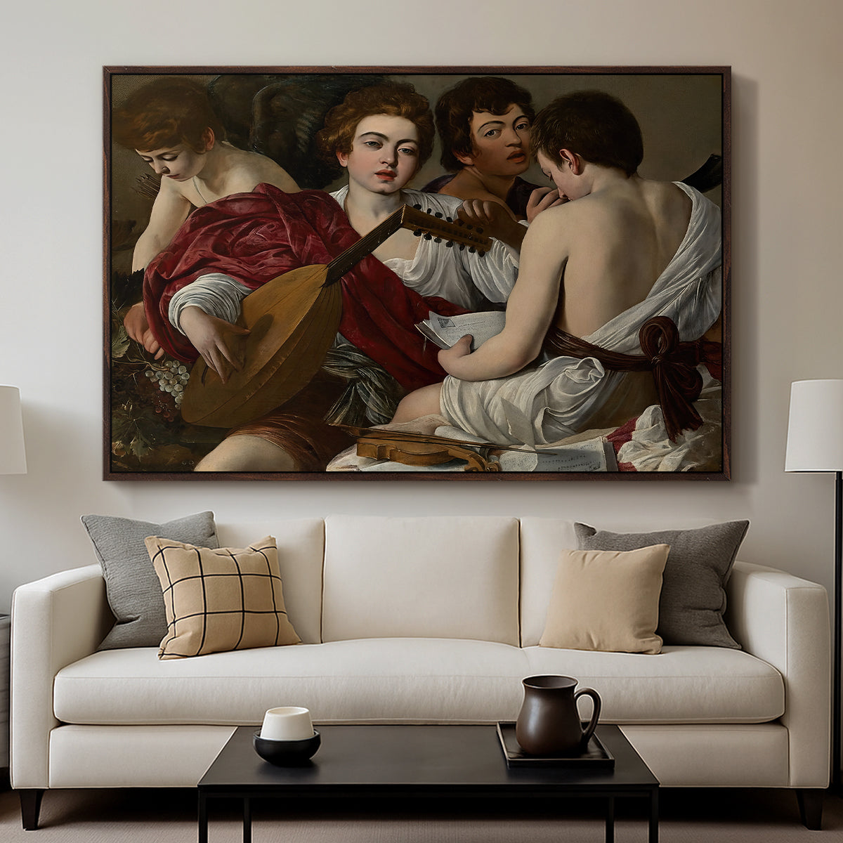 The Musicians, c. 1595 by Caravaggio displayed in a walnut floater framed canvas above a sofa in a clean living room.