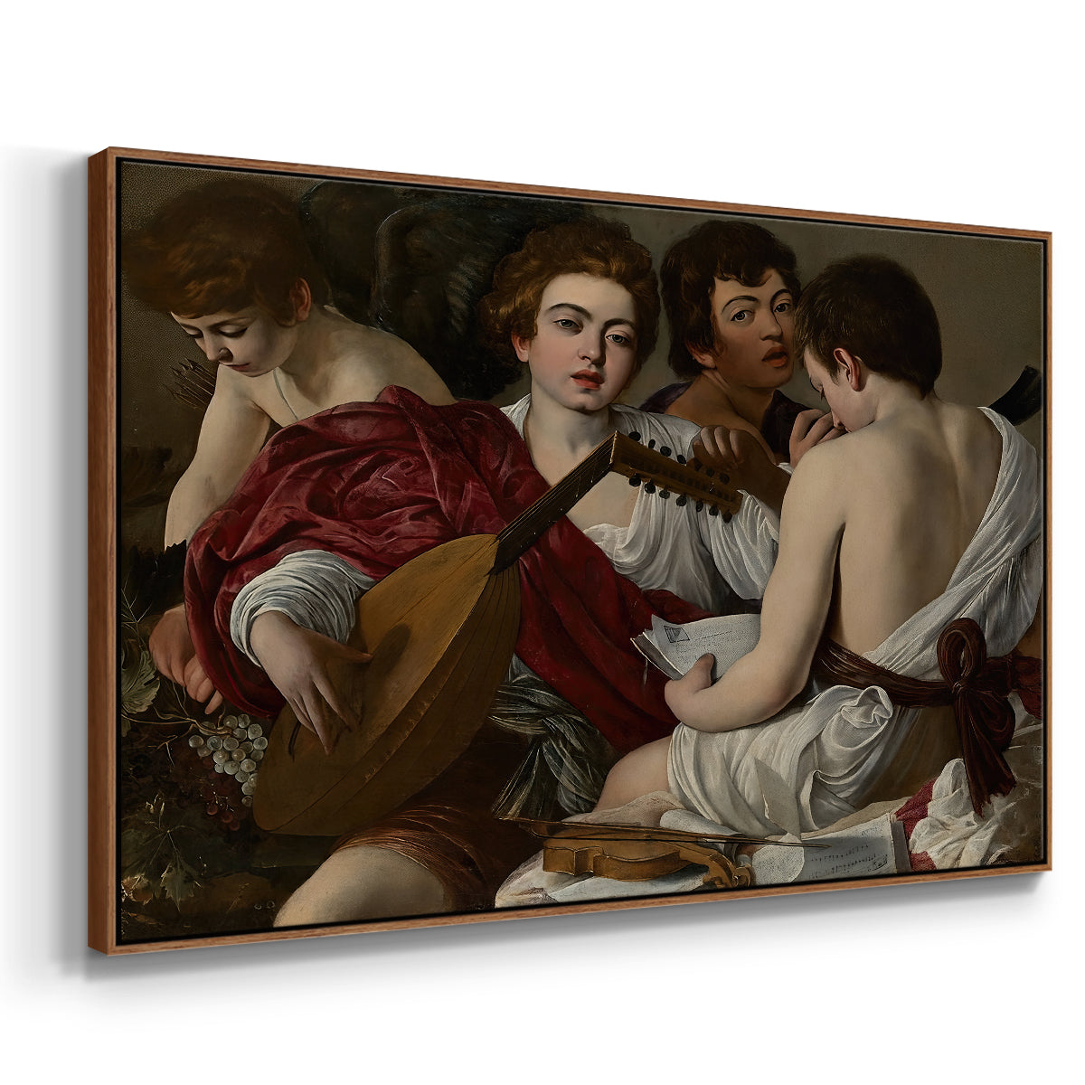 Angled view of The Musicians, c. 1595 by Caravaggio in a walnut floater framed canvas.