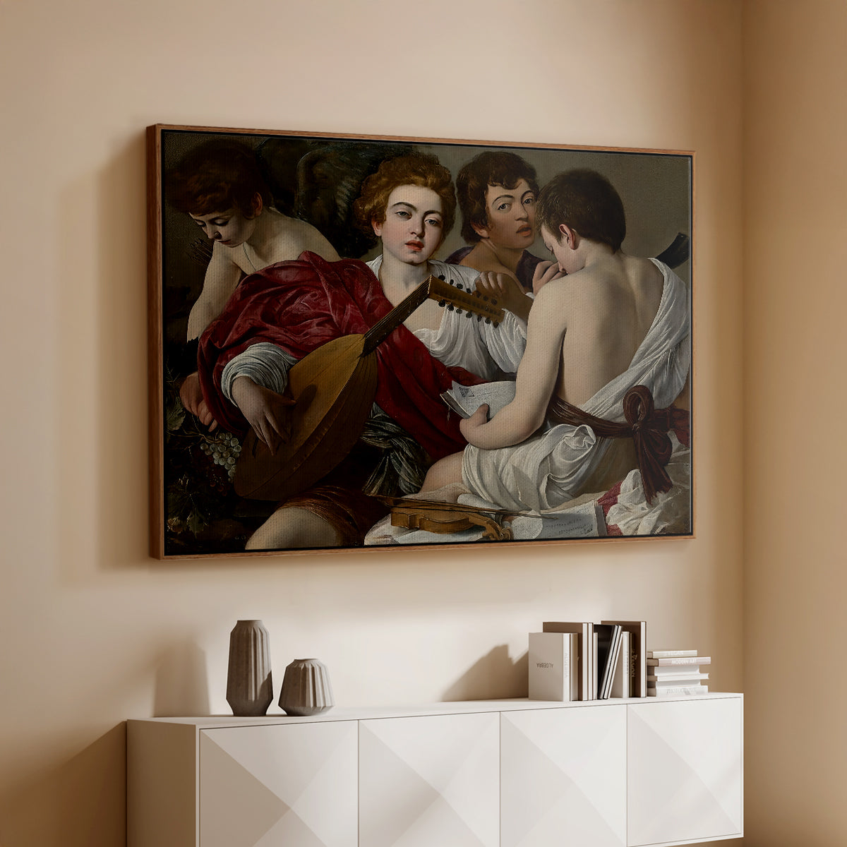 Walnut floater framed canvas of The Musicians, c. 1595 by Caravaggio, featuring an ensemble of musicians holding lute and singing in close arrangement above a console cabinet in a minimalist entryway.