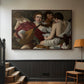 Walnut floater framed canvas featuring a musical gathering with figures posed closely in soft light, displayed in a hallway near a staircase.