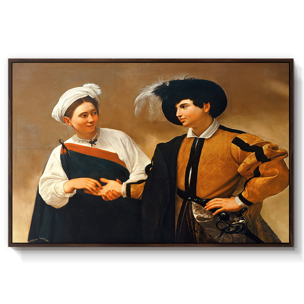 The Fortune Teller (Capitoline Version), c. 1599 by Caravaggio in a walnut floater framed canvas wall art display.